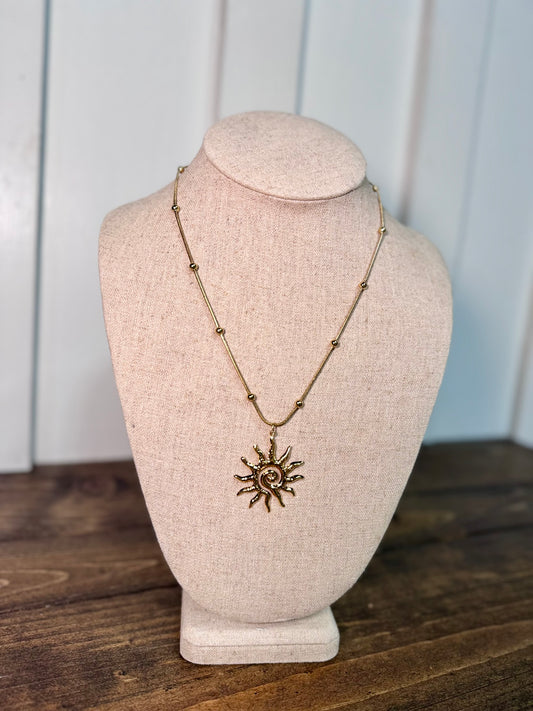 tarnish-free gold necklaces, waterproof jewelry, sun pendant necklace, dainty gold layering necklaces, hypoallergenic gold jewelry