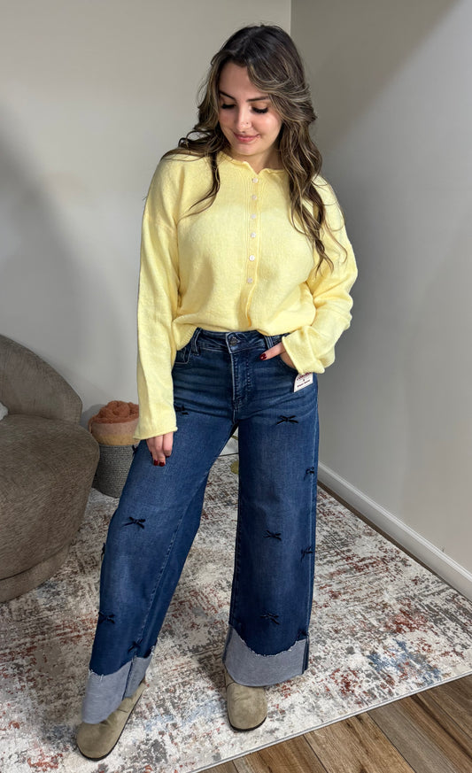 high rise wide leg cropped cuffed jeans with bows