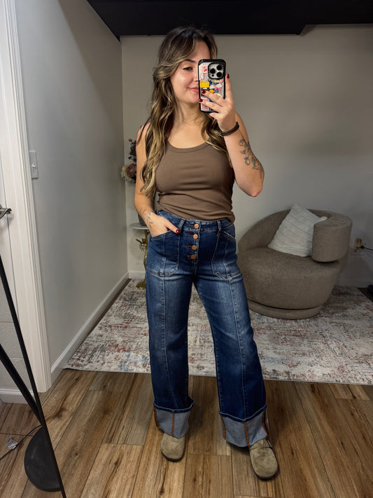 High Rise Wide Straight Cuffed Jeans Dark Wash button fly