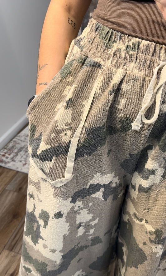 Kasey Camo Print Washed Terry Knit Pants