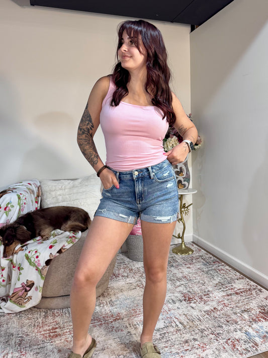 Mid Rise Cuffed Distressed Jean Shorts