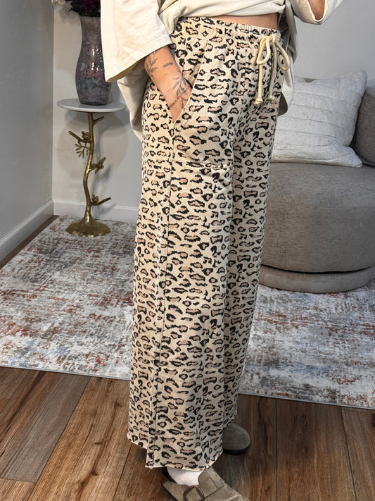 cheetah print terry knit set wide leg sweatpants
