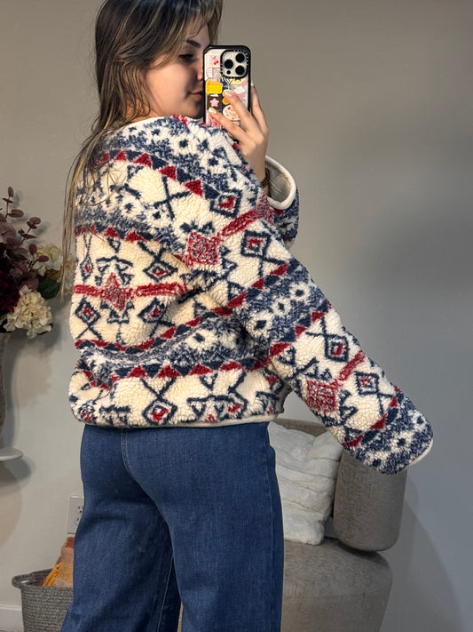 aztec tribal sherpa button up jacket