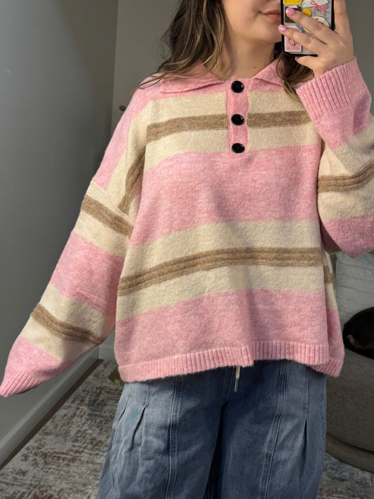 pink and brown Striped Rugby Sweater