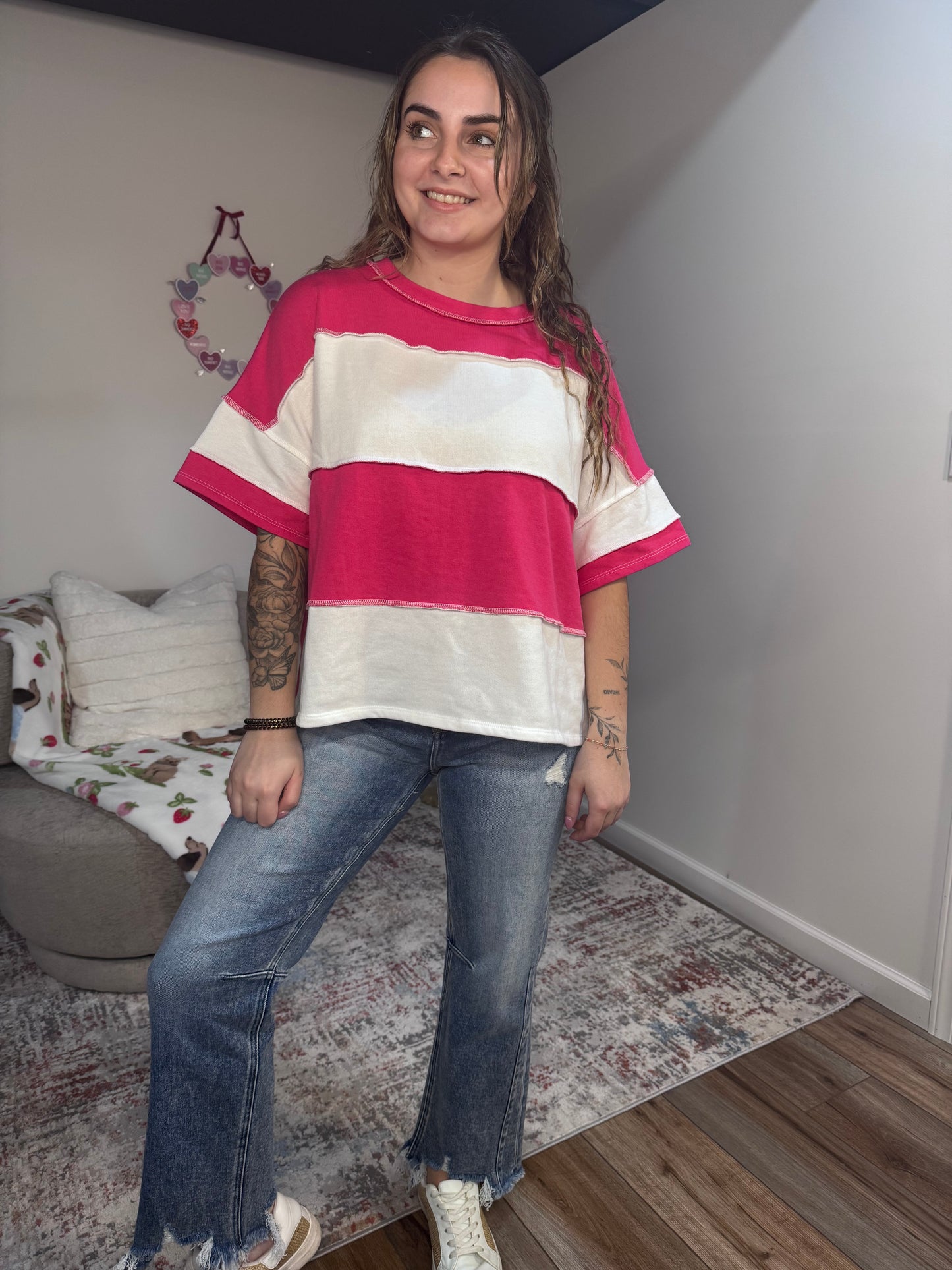 pink and white color block Terry knit