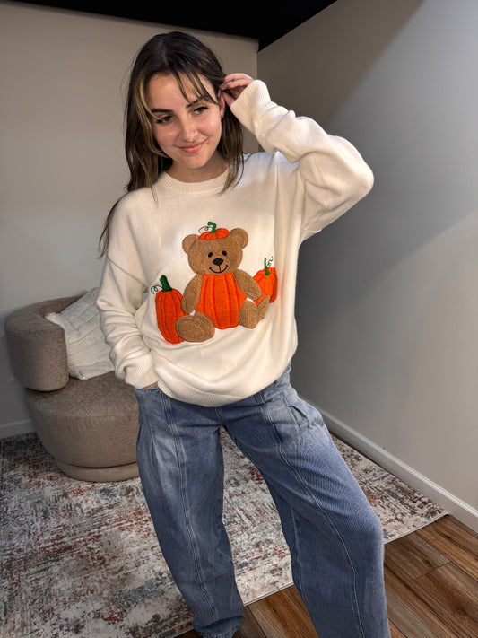 Pumpkin Teddy Bear Patchwork Sweater
