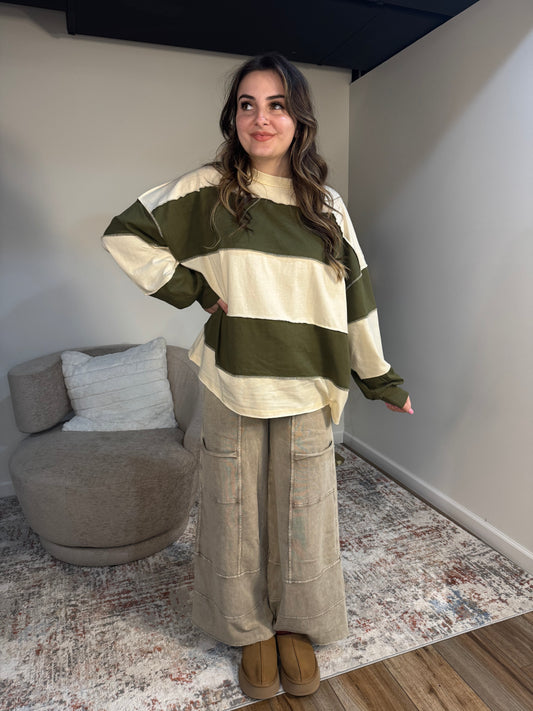 olive and cream striped rugby long sleeves contrast stitching panels