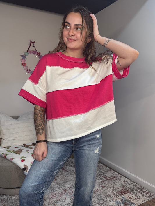 pink and white color block Terry knit