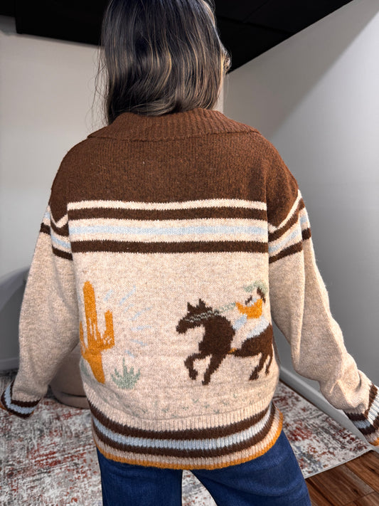 western graphic zipped cardigan chocolate fall fashion stripes