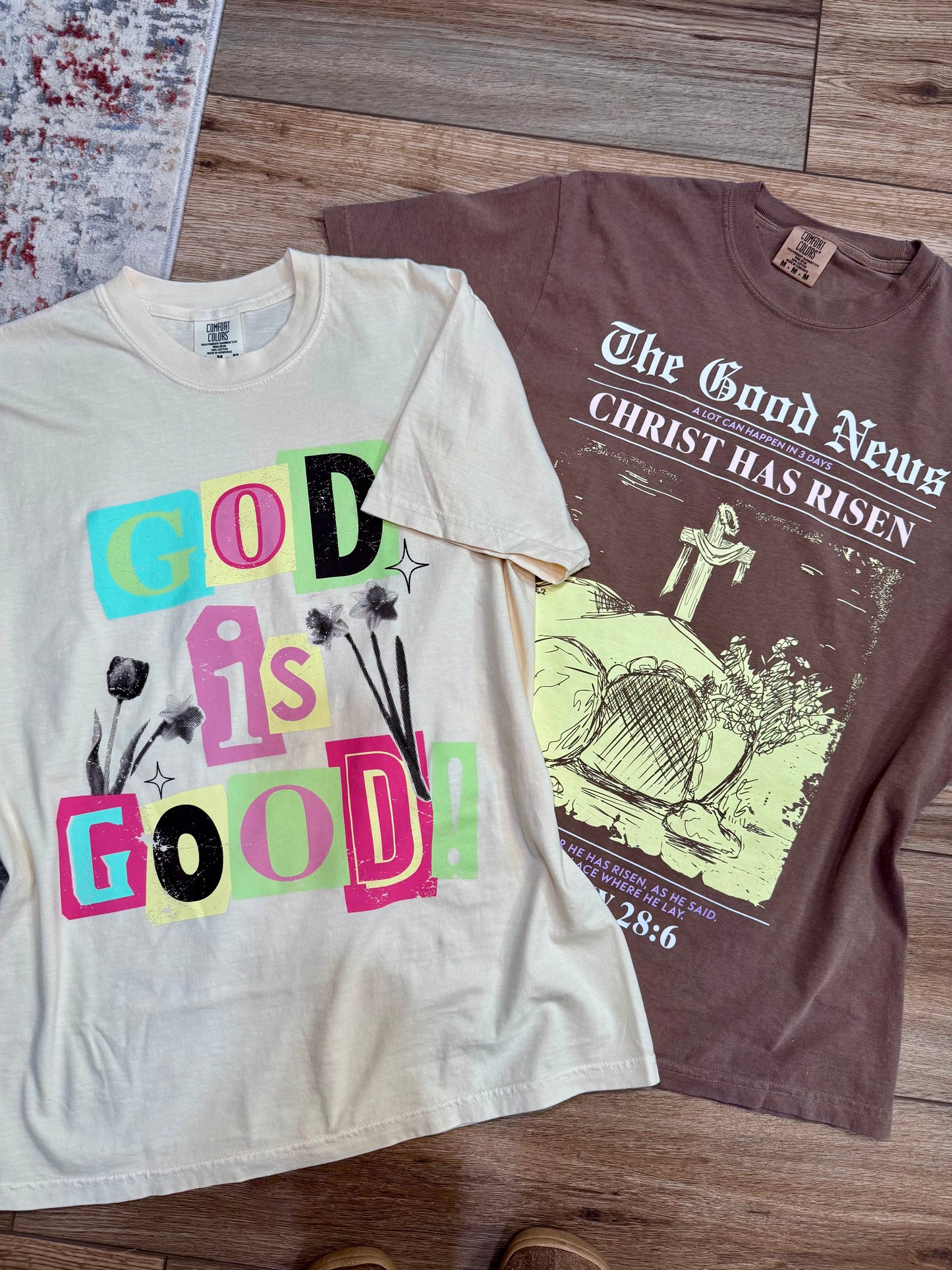 faith based graphic t-shirts "god is good" and "christ has risen"