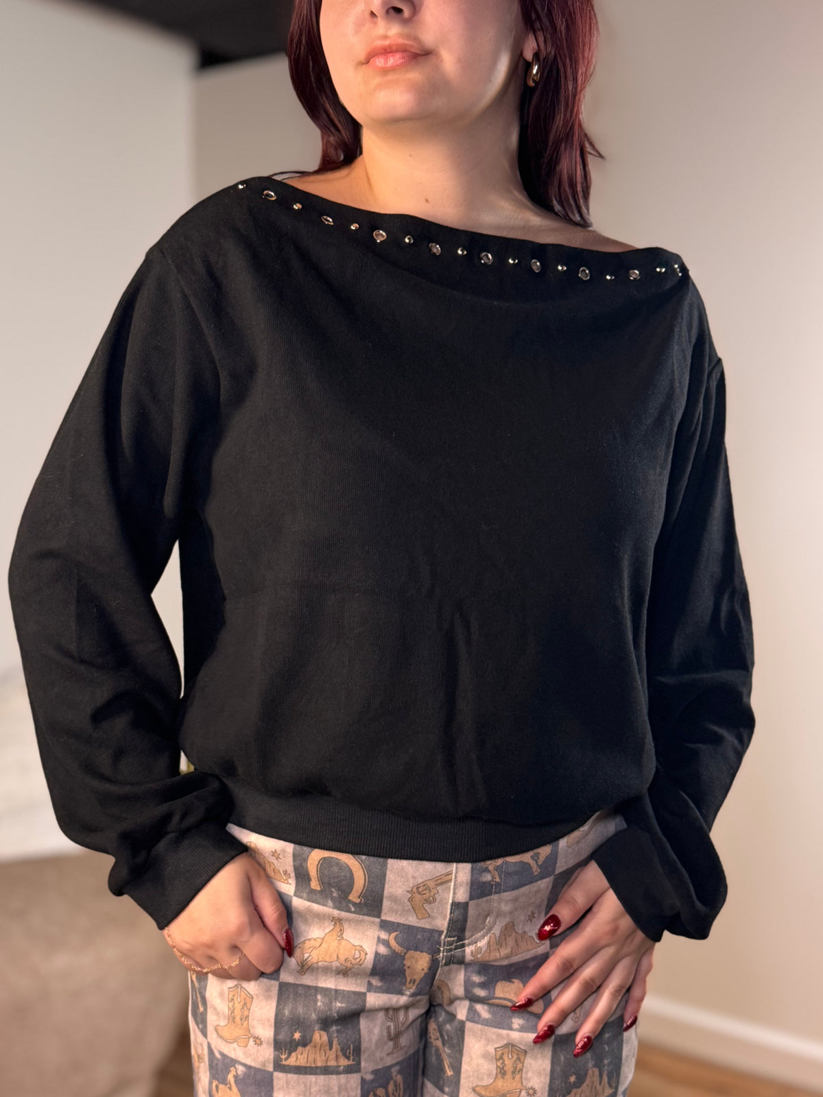 Rachelle Studded Boat Neck Sweatshirt, Black