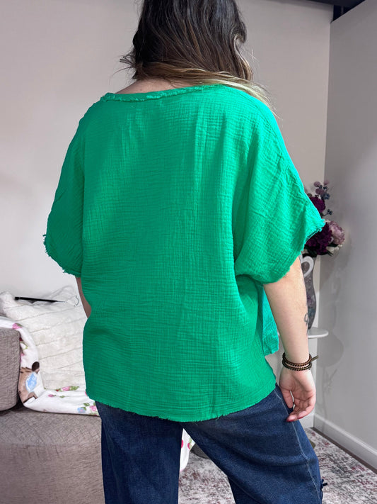 kelly green cotton gauze tunic shirt women's spring fashion