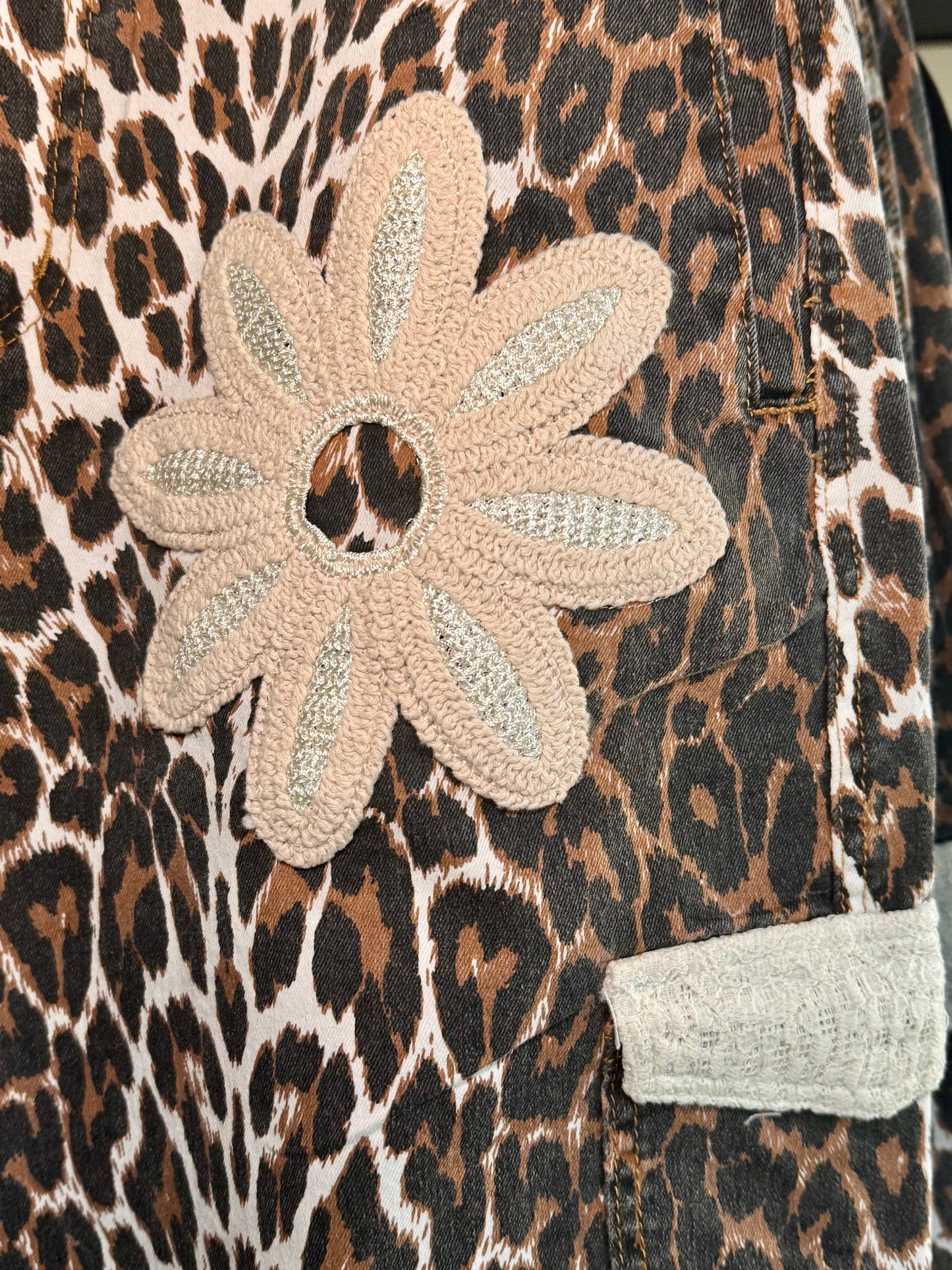 Leopard Print Barrel Pants with Crochet Floral Patches