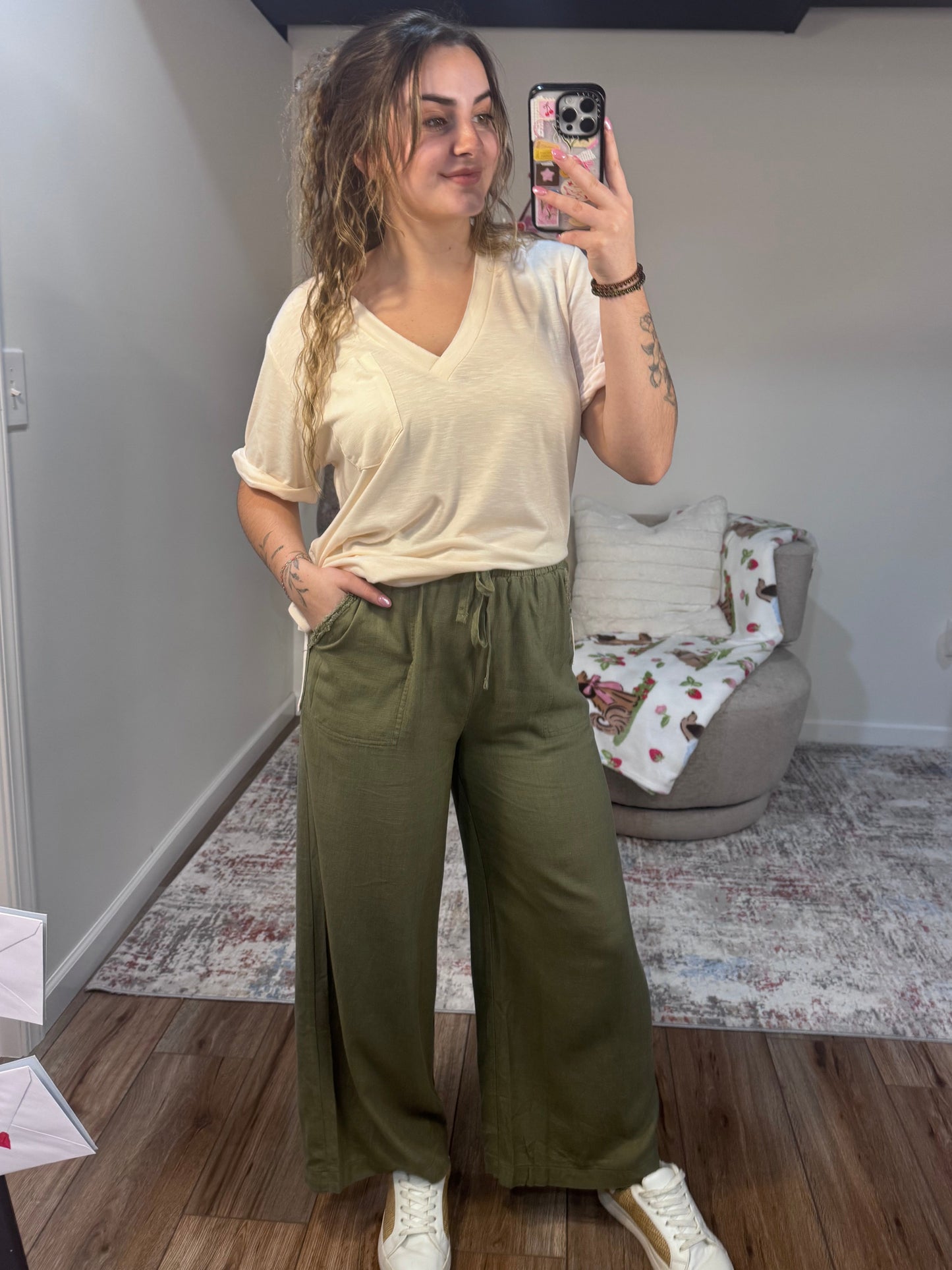 olive green linen blend summer pants