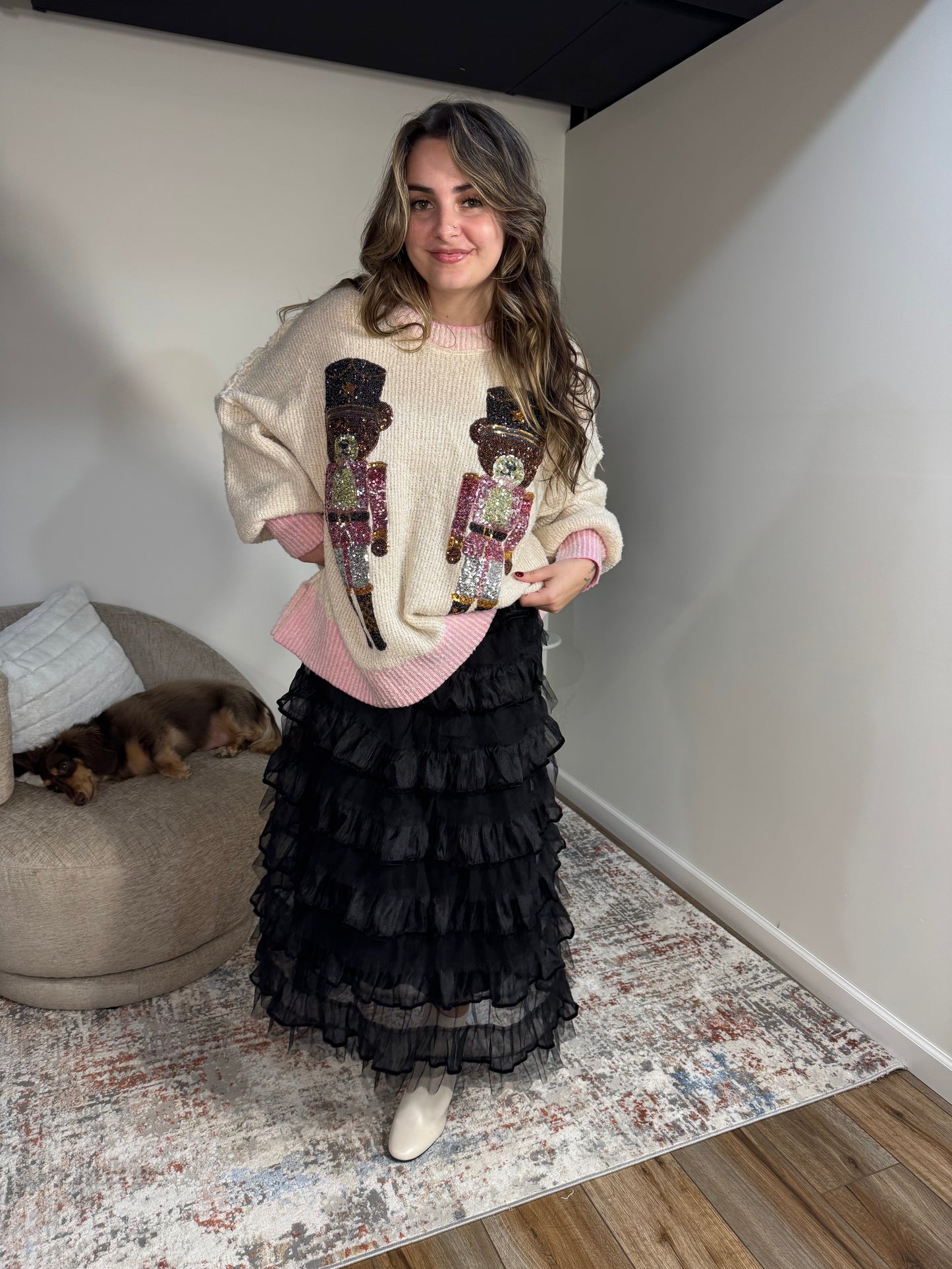 Vicki Sequin Teddy Bear Nutcrackers Two Tone Sweater