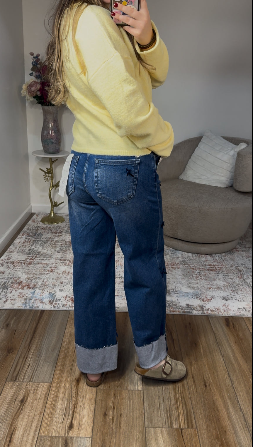 high rise wide leg cropped cuffed jeans with bows
