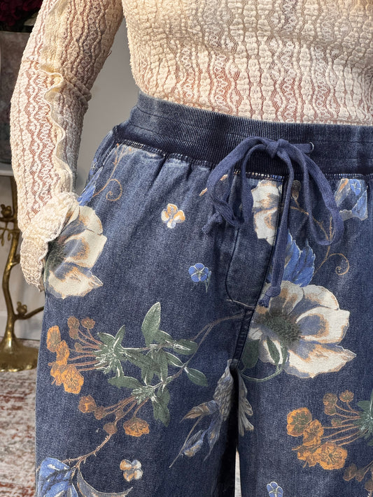 floral denim elastic waist wide leg