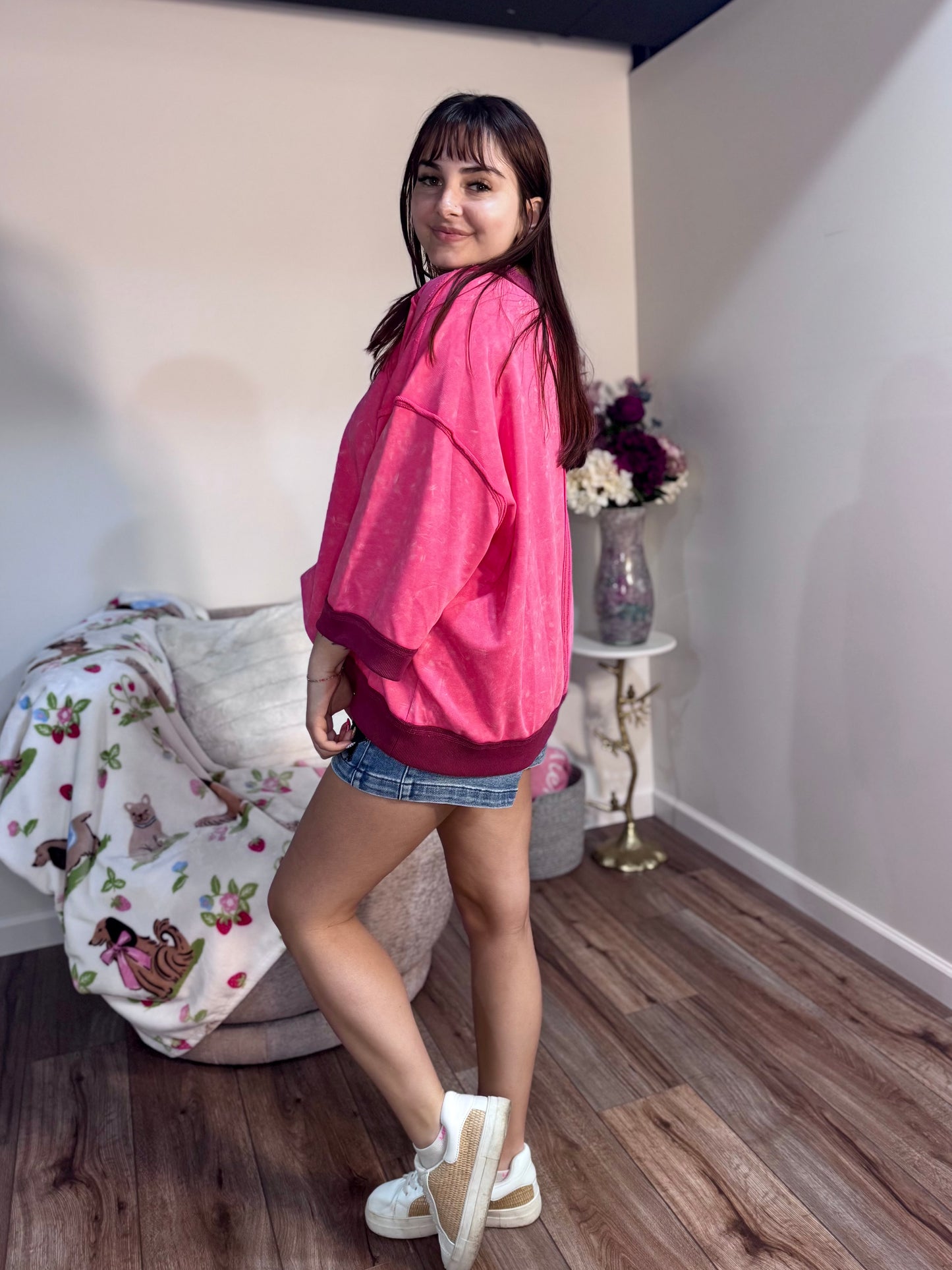 pink oversized washed Terry knit sweatshirt top