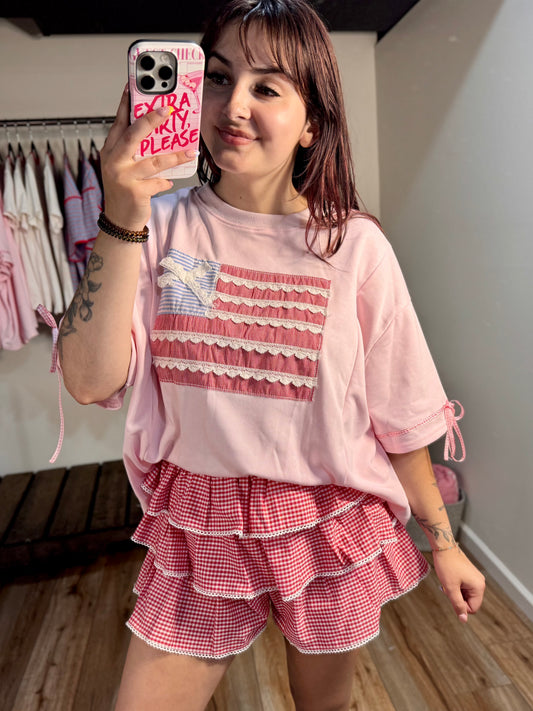 Patriotic Ribbon Flag Top | Pink Fourth of July Oversized Shirt