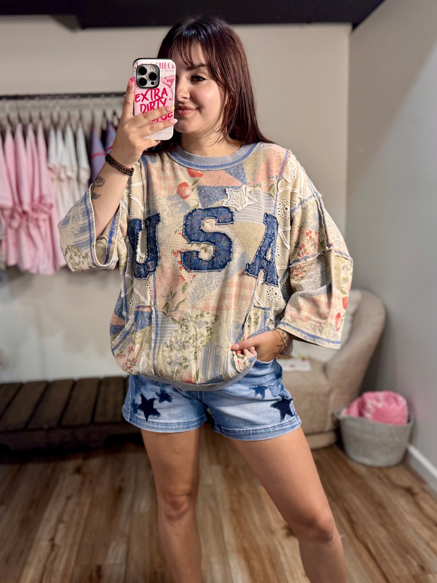 USA Patchwork Terry Pullover | Oversized Patriotic Graphic Sweatshirt