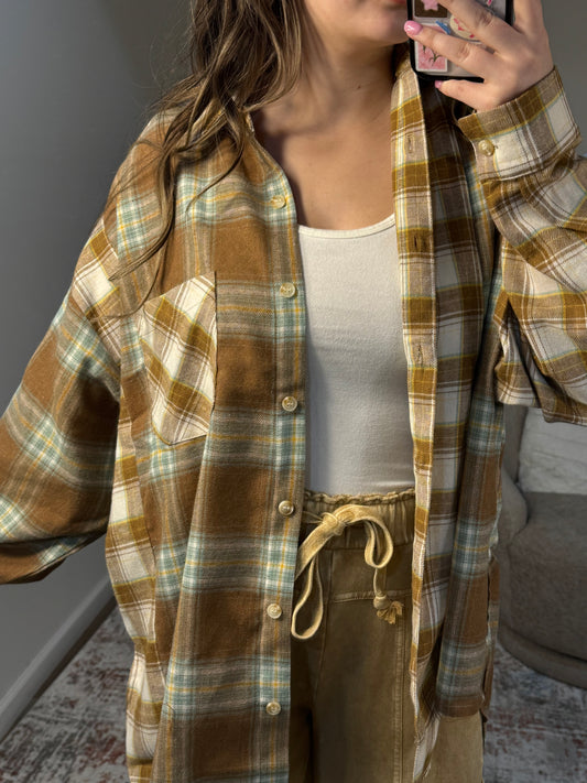 sage brown patchwork flannel shirt