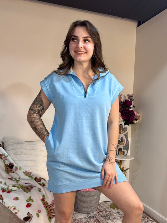 Half Zip Blue Terry Mini Sporty Dress with Pockets