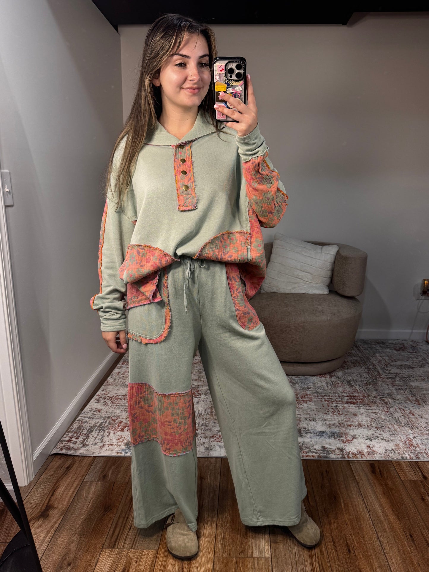 floral mineral washed gauze patchwork terry knit lounge set
