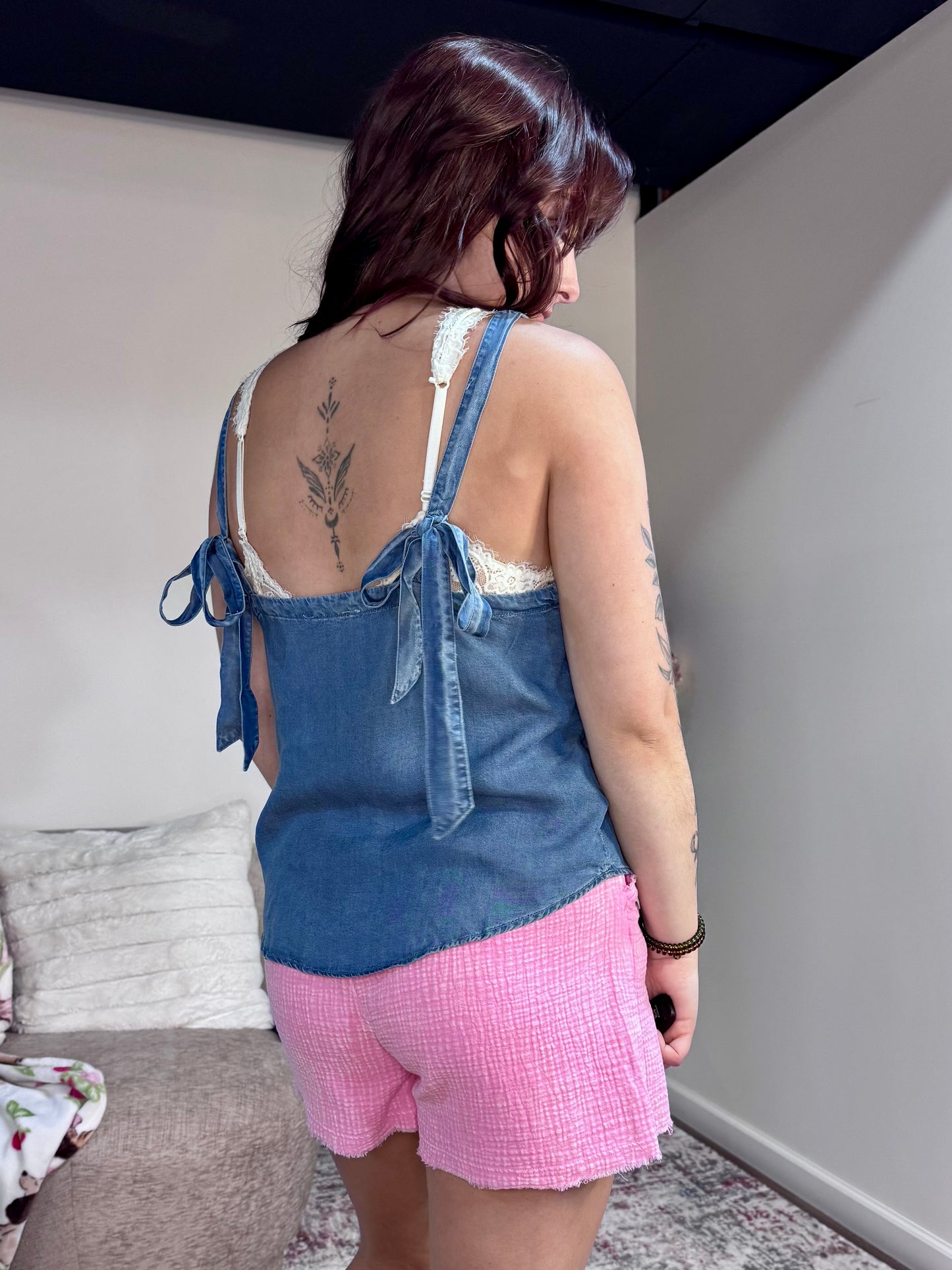 Amber Mineral Wash Denim Tank with Back Ties