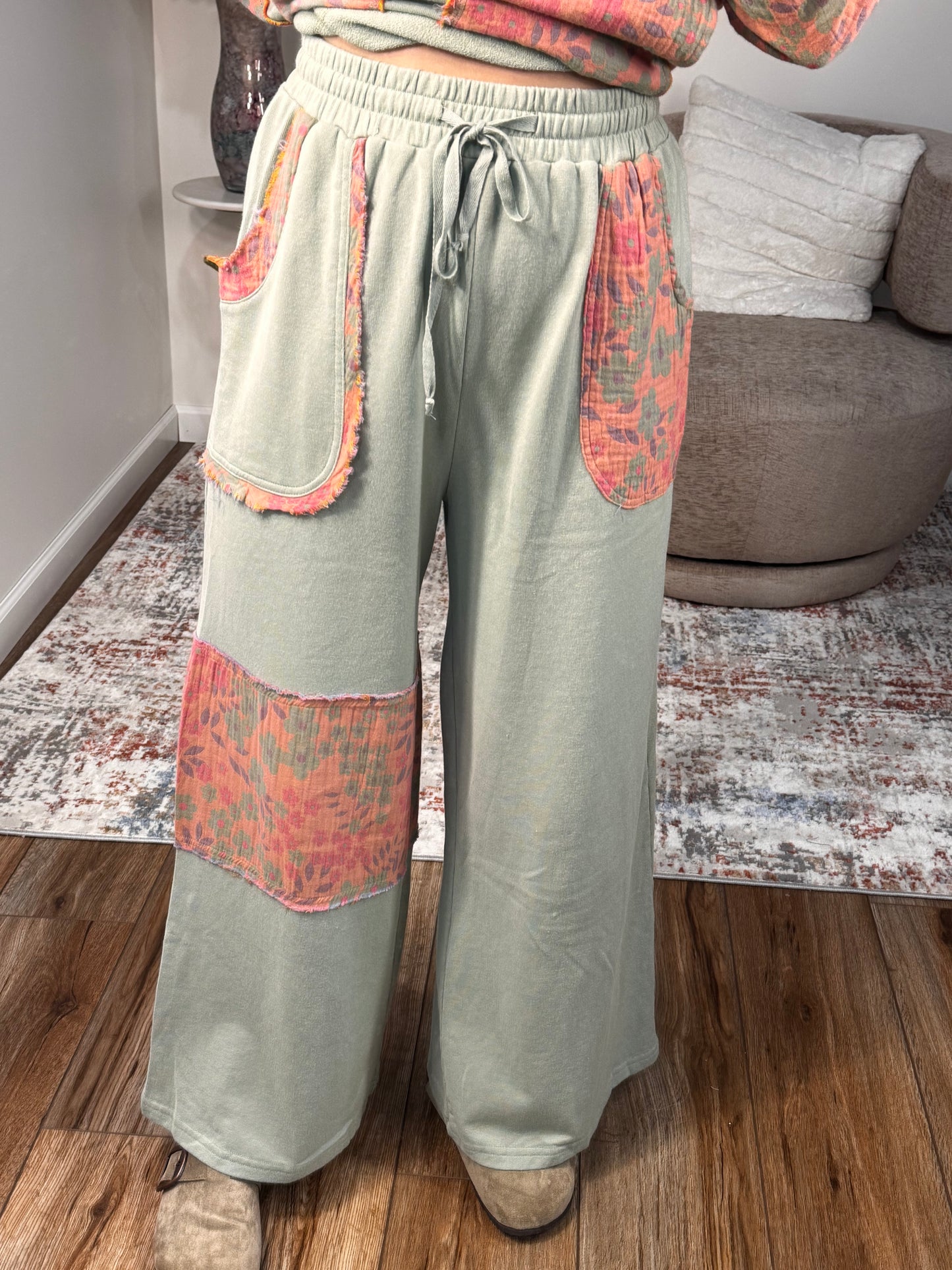 boho floral mineral washed gauze patchwork terry knit lounge set