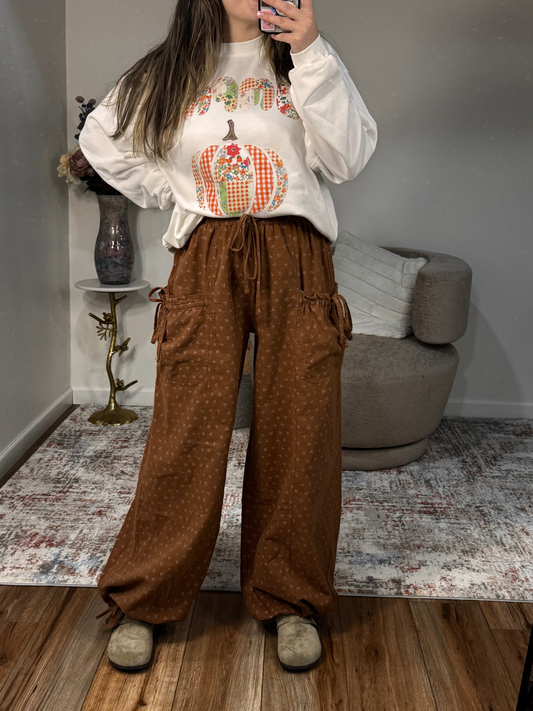 boho floral brown drawstring tie pants
