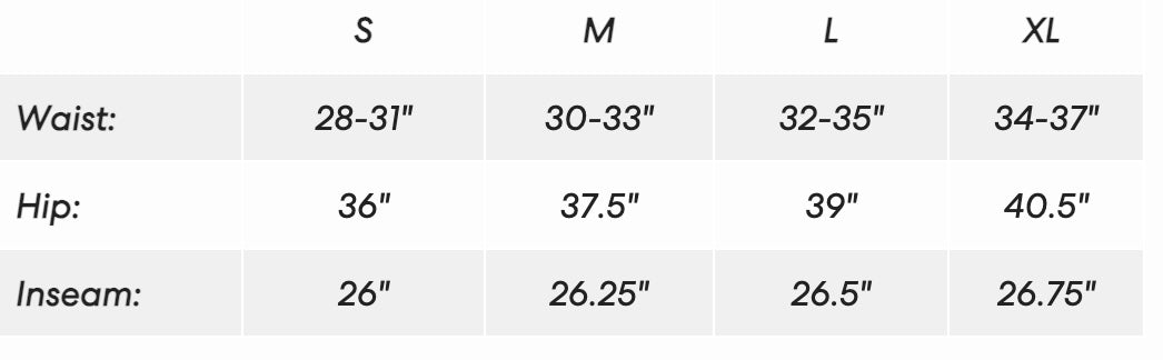 Measurement chart for waist, hip, and inseam with size ranges.