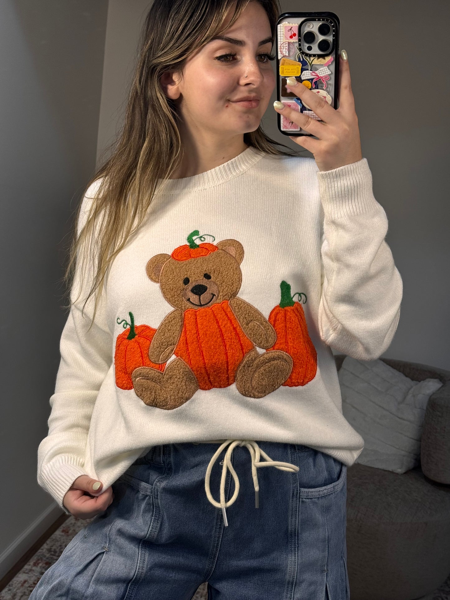Pumpkin Teddy Bear Patchwork Sweater