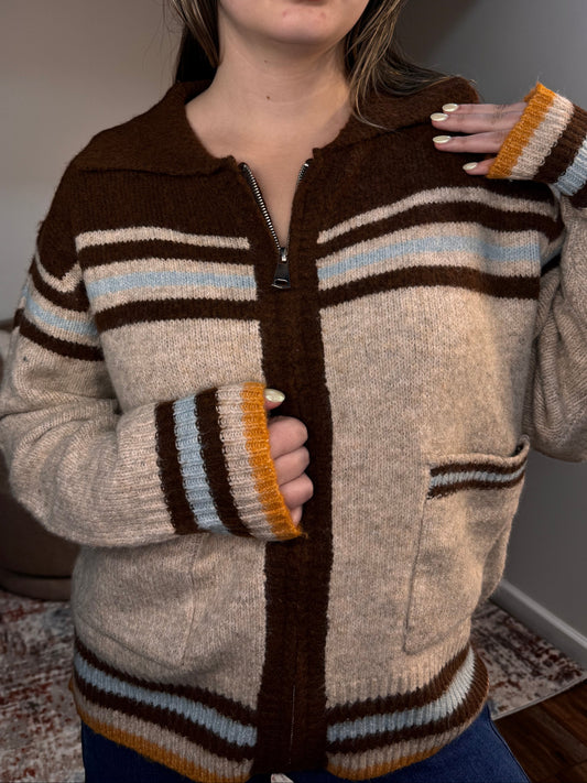 western graphic zipped cardigan chocolate fall fashion stripes
