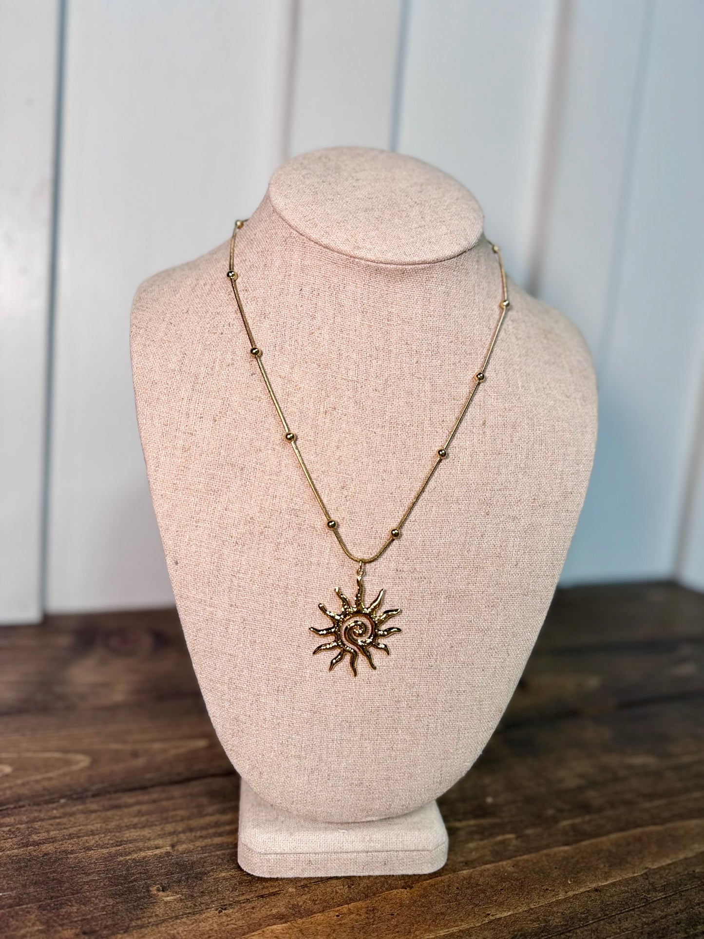 tarnish-free gold necklaces, waterproof jewelry, sun pendant necklace, dainty gold layering necklaces, hypoallergenic gold jewelry
