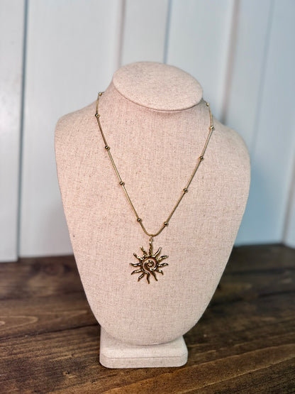 tarnish-free gold necklaces, waterproof jewelry, sun pendant necklace, dainty gold layering necklaces, hypoallergenic gold jewelry