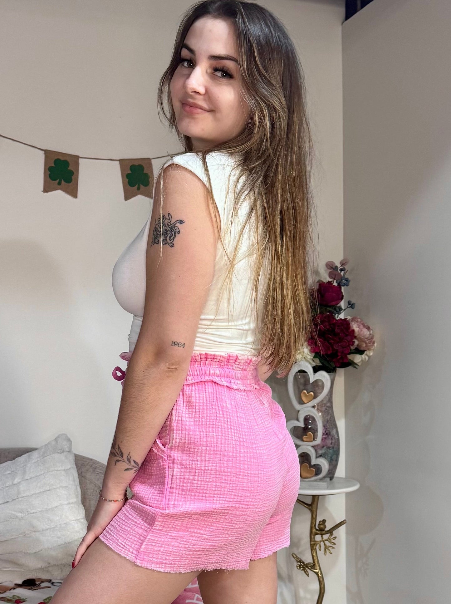  Washed Double Gauze Frayed Hem Shorts Candy Pink