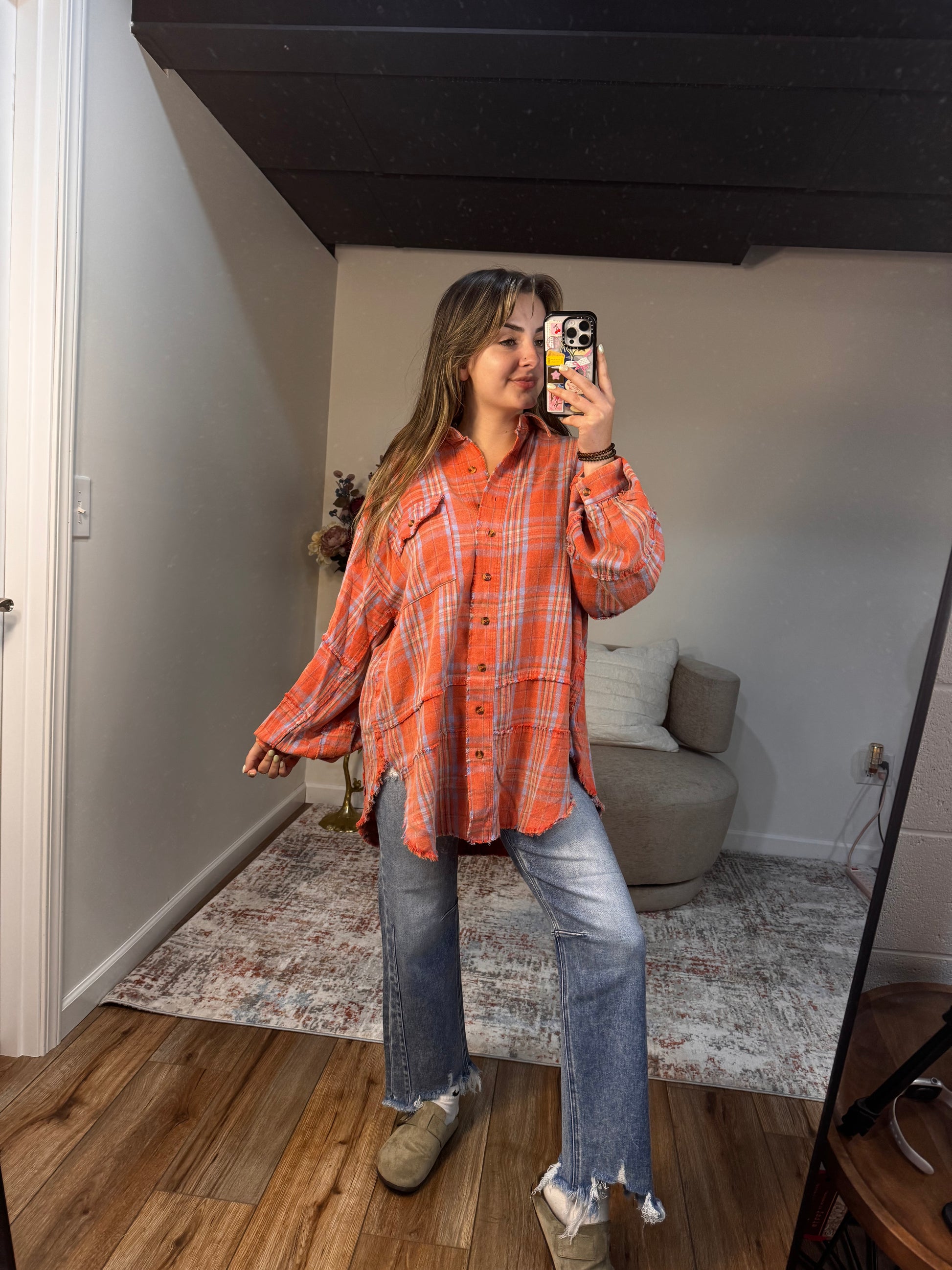 trendy oversized orange coral flannel fall