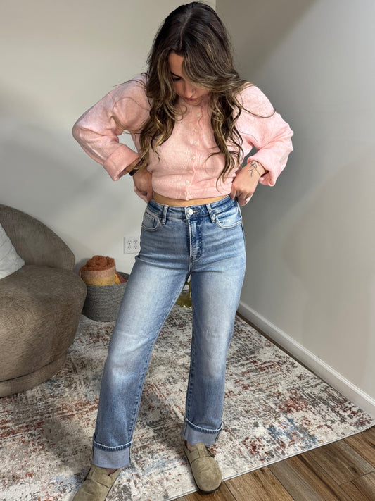 High Rise Straight Roll Up Jean With Tummy Control - Light Wash