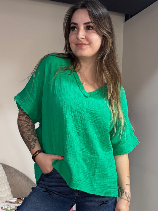 kelly green cotton gauze tunic shirt women's spring fashion
