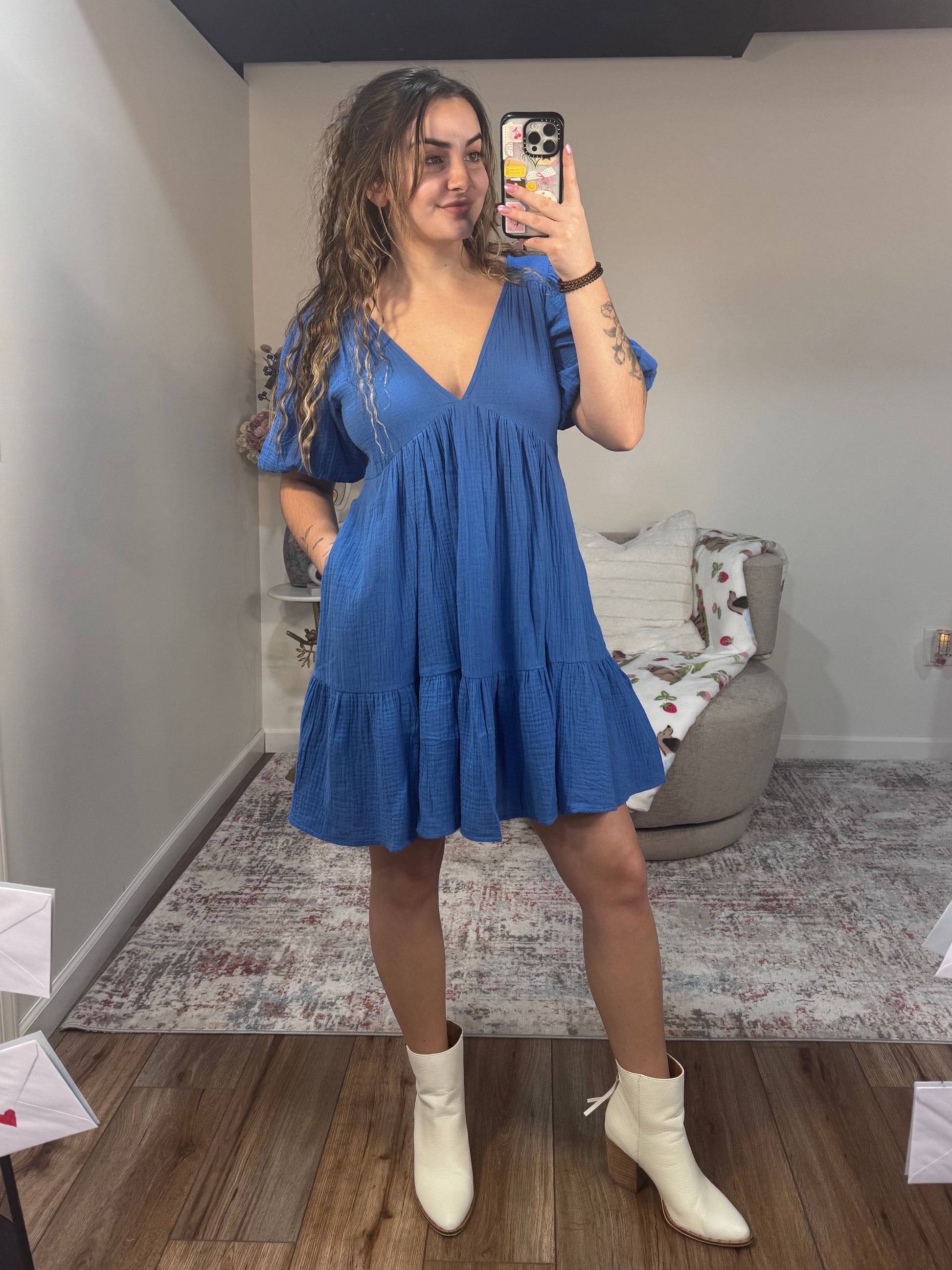 v neck puff sleeve tiered blue dress