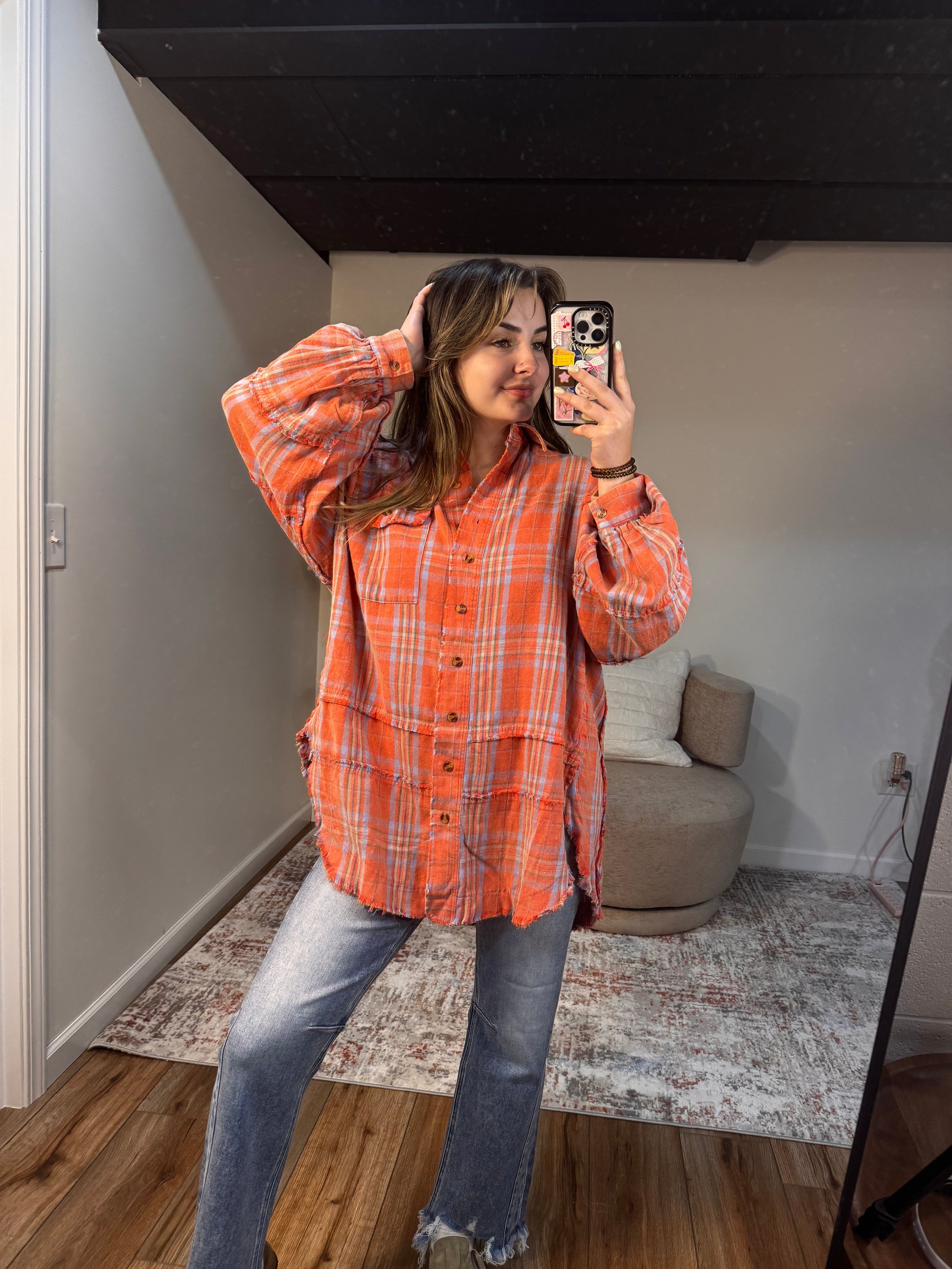 trendy oversized orange coral flannel fall