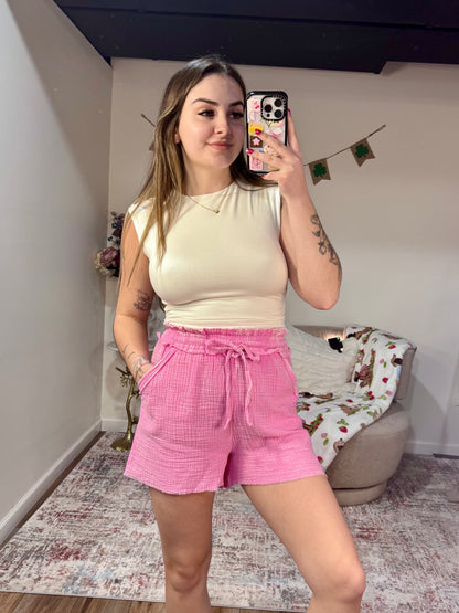  Washed Double Gauze Frayed Hem Shorts Candy Pink