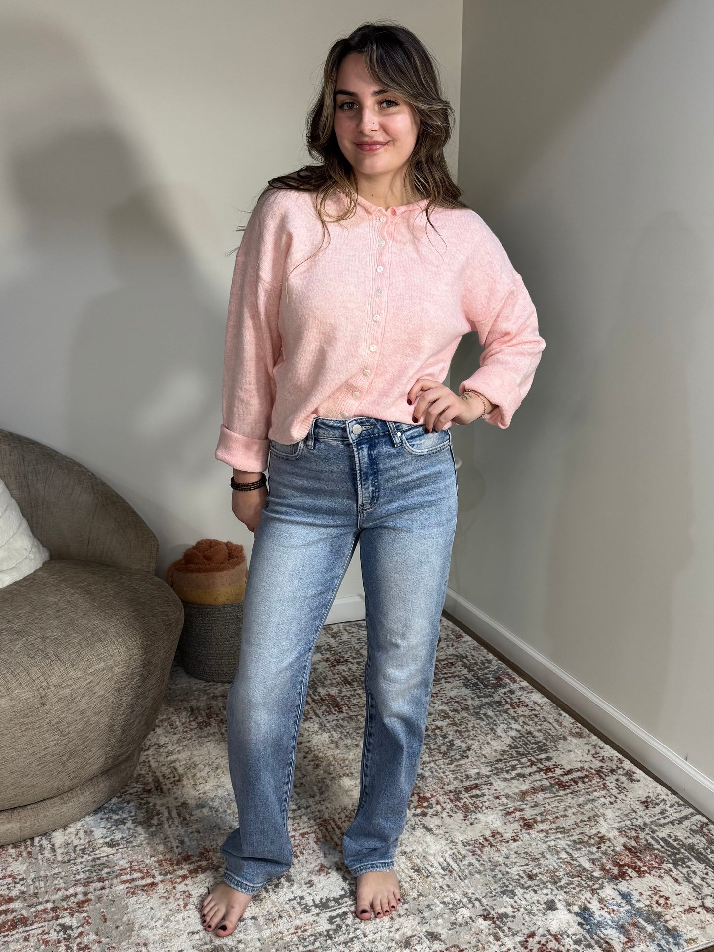 High Rise Straight Roll Up Jean With Tummy Control - Light Wash