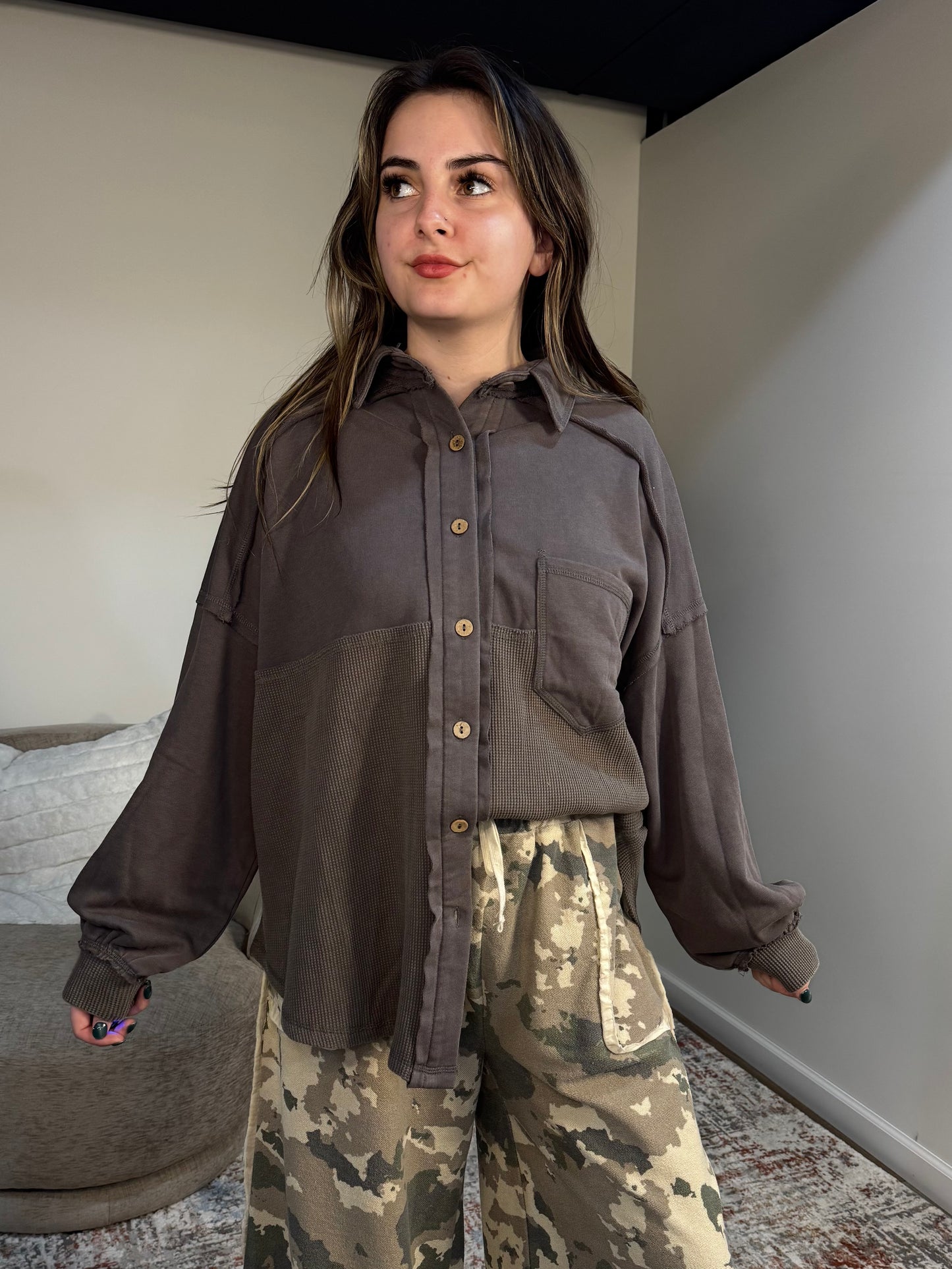 Judie Acid Wash Mixed Media Shacket