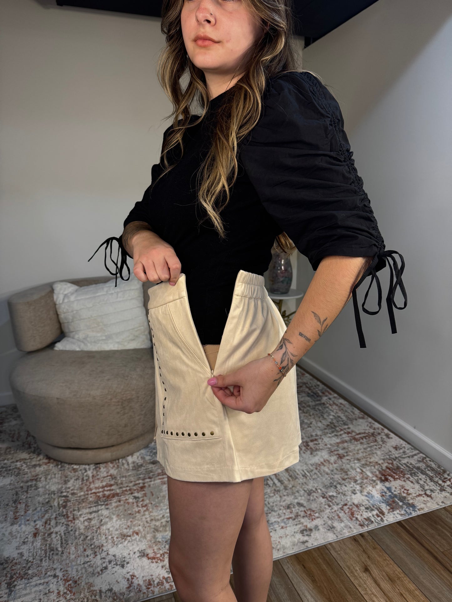 cream suede studded skort with pockets