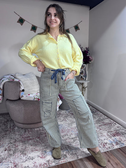 striped twill barrel leg utility pants navy and cream BiBi