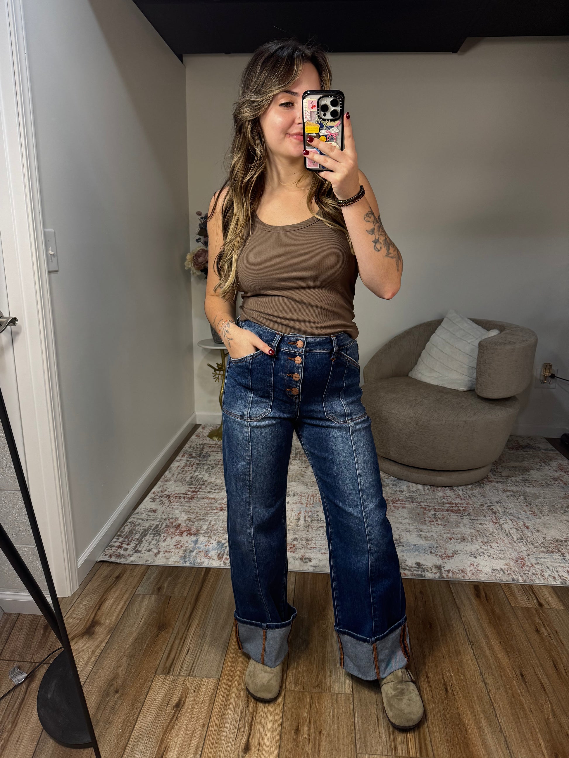 High Rise Wide Straight Cuffed Jeans Dark Wash button fly