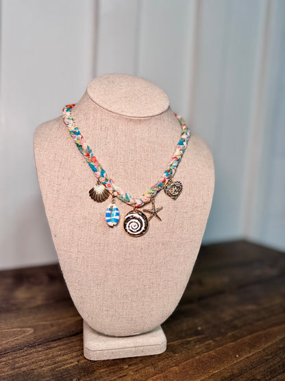  boho scarf necklace, beach charm necklace, coastal jewelry, summer statement necklaces, charm layering necklaces, and vacation accessories