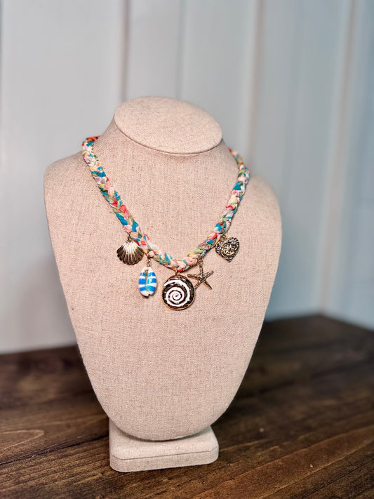  boho scarf necklace, beach charm necklace, coastal jewelry, summer statement necklaces, charm layering necklaces, and vacation accessories