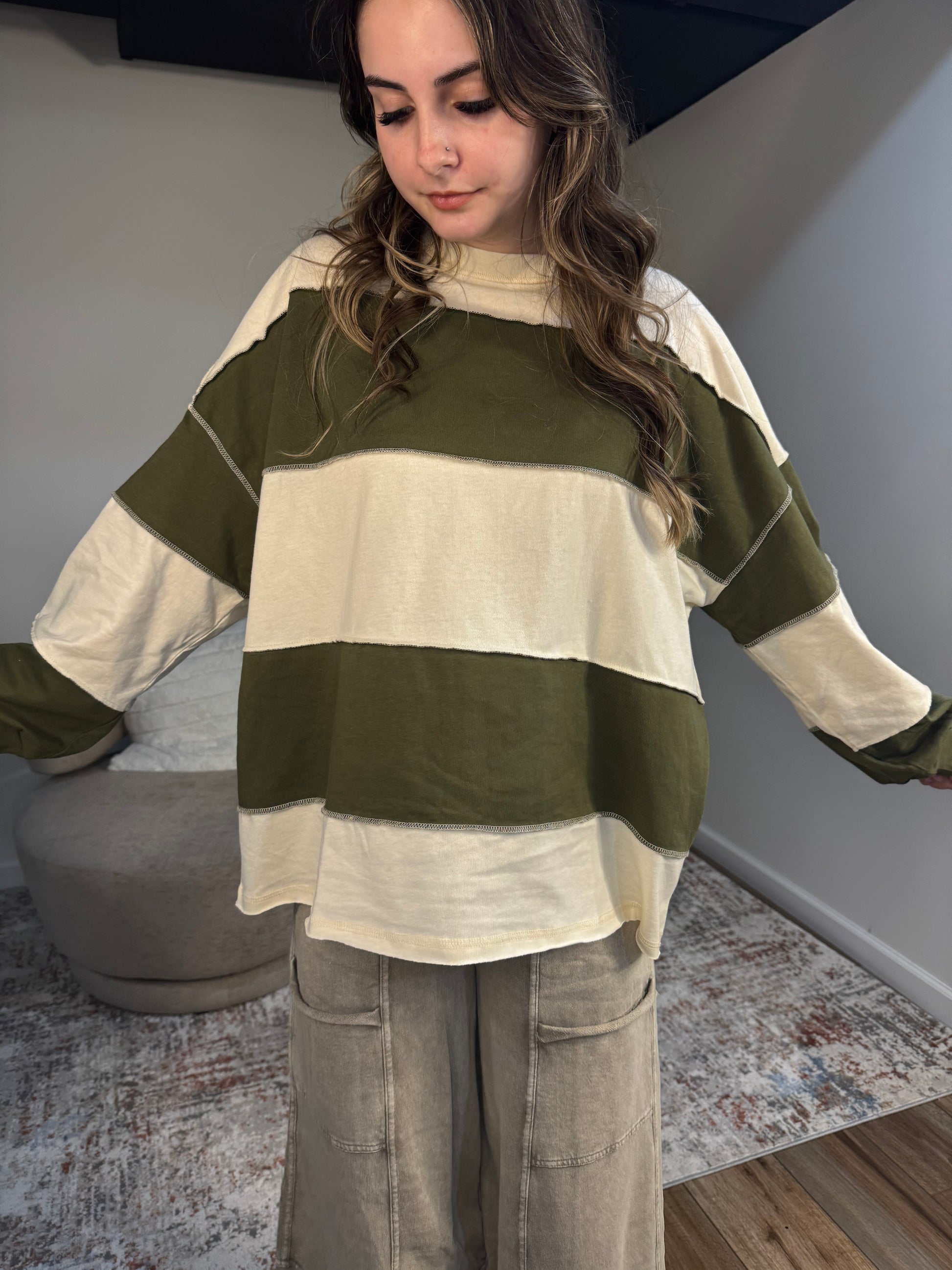olive and cream striped rugby long sleeves contrast stitching panels